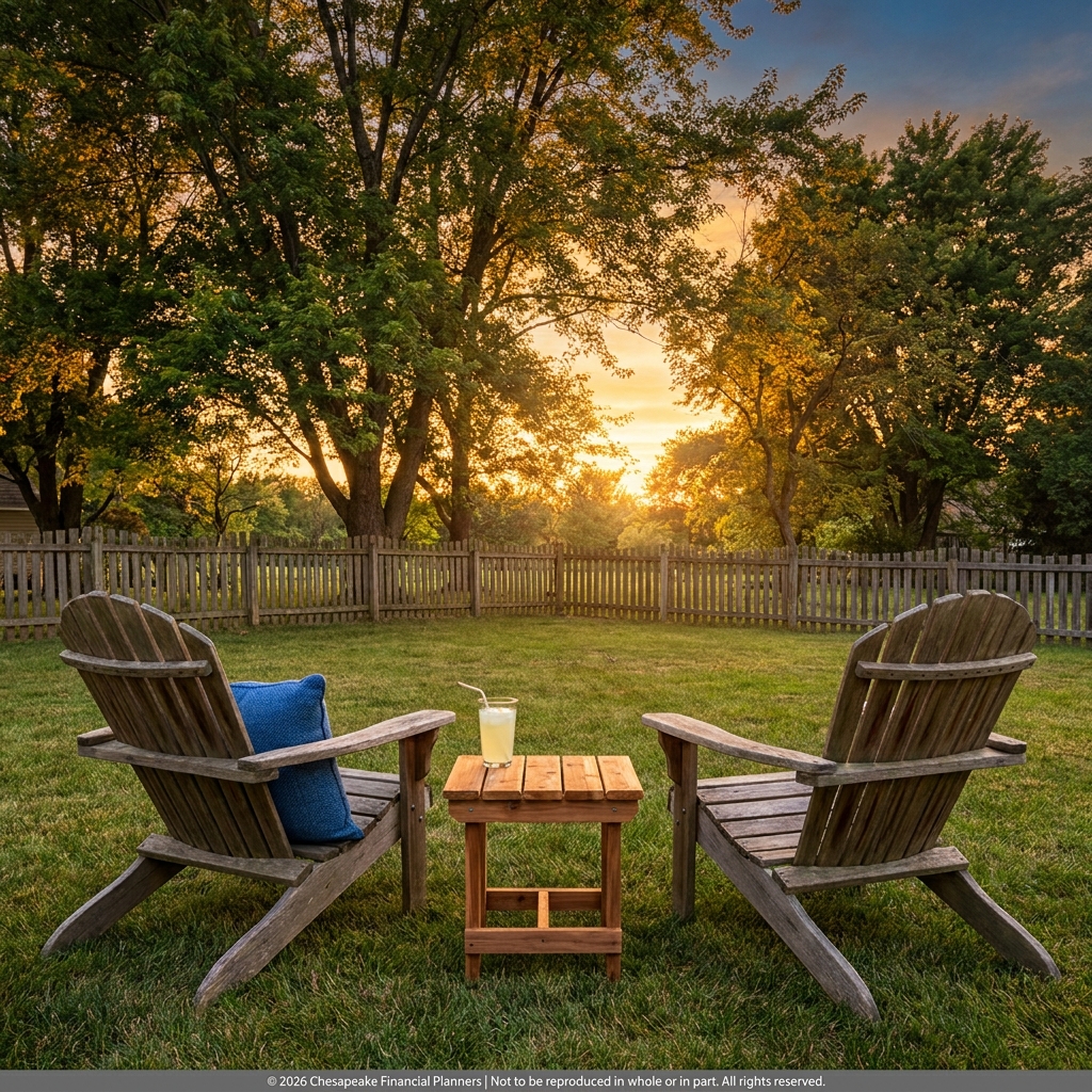 Two weathered wooden Adirondack chairs face each other with a small wooden table and lemonade, set on a grassy backyard at sunset.