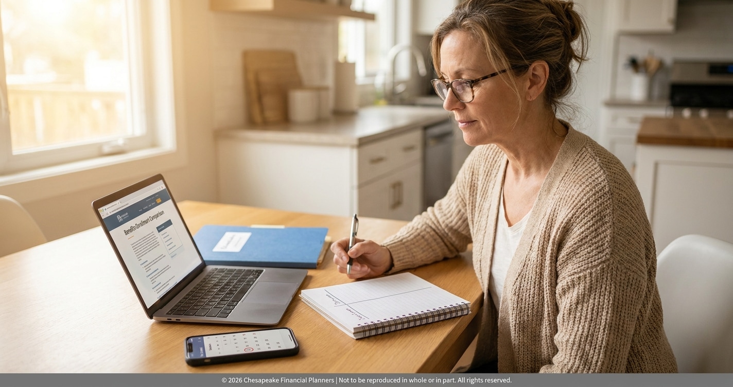 Woman with glasses sits at a kitchen table, writing in a notebook while using a laptop and smartphone for online banking or work.