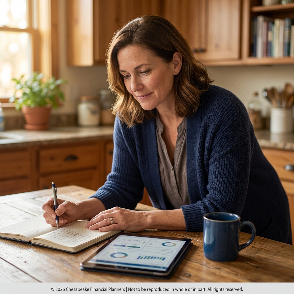 Woman in a blue cardigan writes in a notebook at a kitchen table, with a data-filled tablet nearby and a blue mug within reach.
