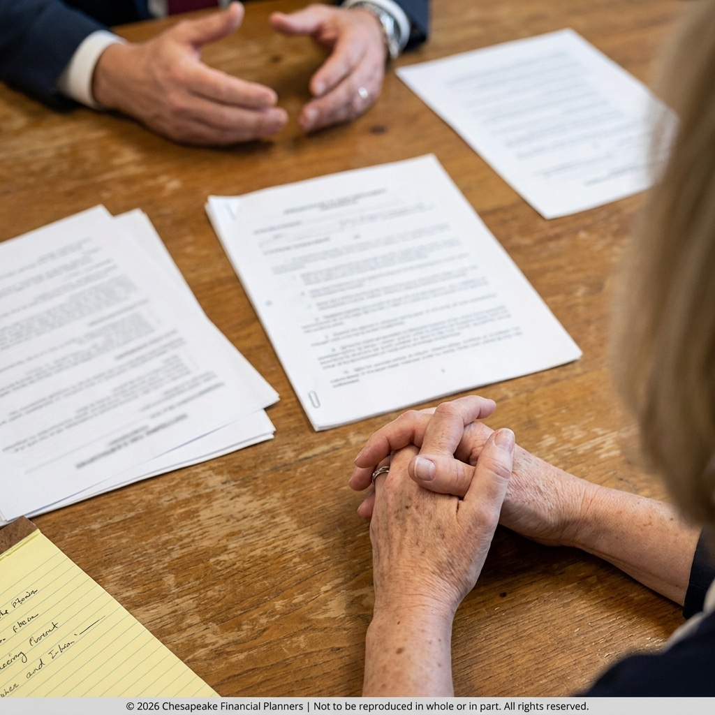 Two people clasp hands on a wooden table with several printed documents in front of them, suggesting a meeting or discussion.
