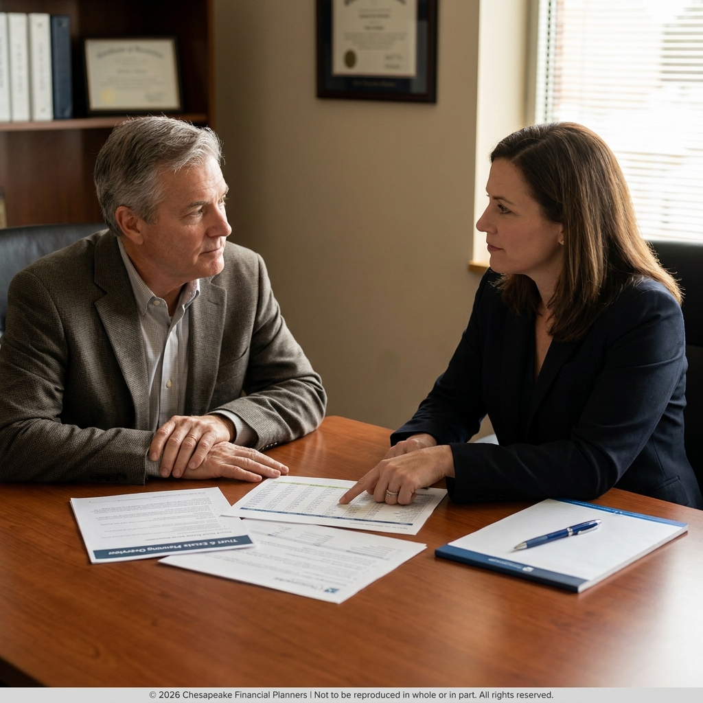 Two professionals sit across from each other at a wooden conference table, reviewing printed documents and charts spread between them in a well-lit office.