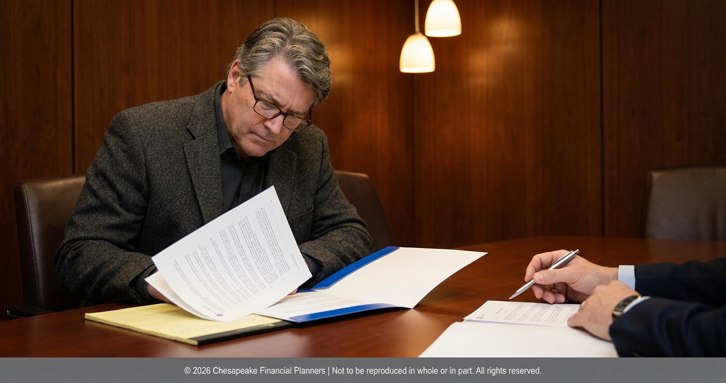 A man wearing a blazer and glasses reads documents at a wooden conference table while a colleague signs papers nearby.