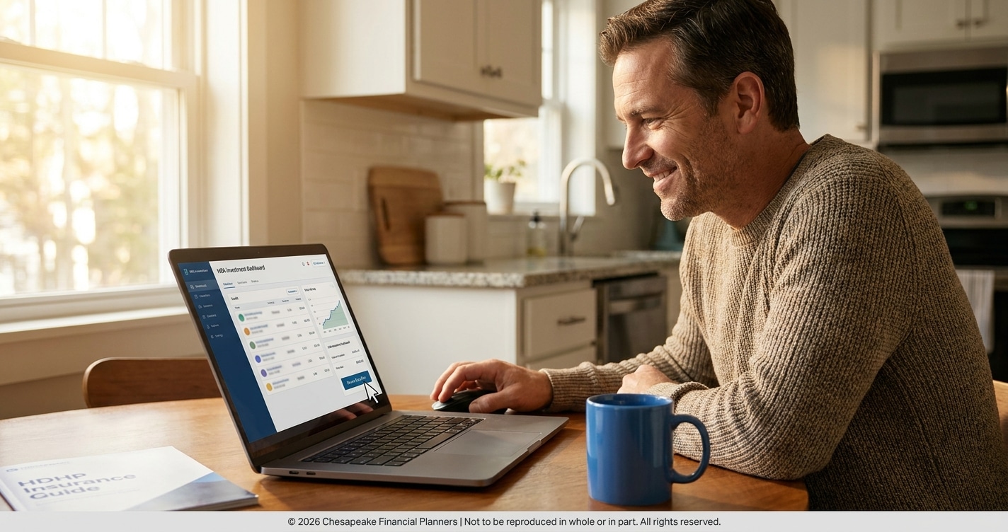 Man in a sweater works on a laptop at a kitchen table, viewing a financial dashboard on screen.