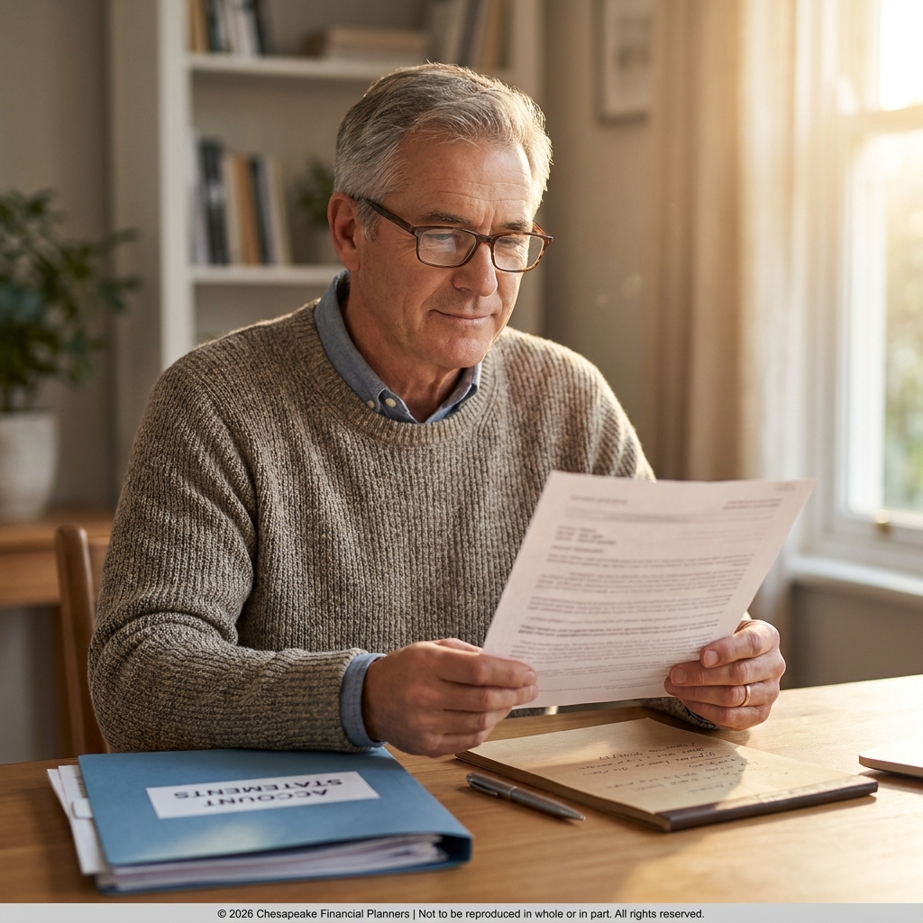 Older man with glasses reading a document at a wooden table in a cozy home office, sunlight streaming through a window behind him.