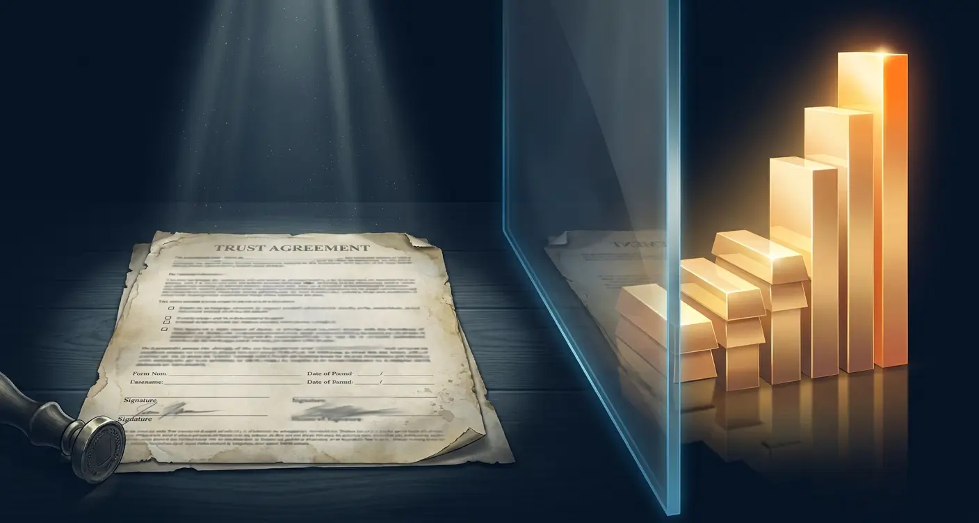 A weathered trust agreement on a desk with a seal, facing a glass barrier that reveals gold bars forming a rising chart.