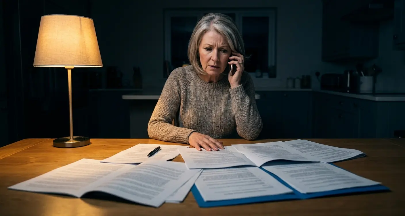 Woman sits at a wooden table at night, talking on a cellphone with several documents spread across the surface and a lamp lit nearby.