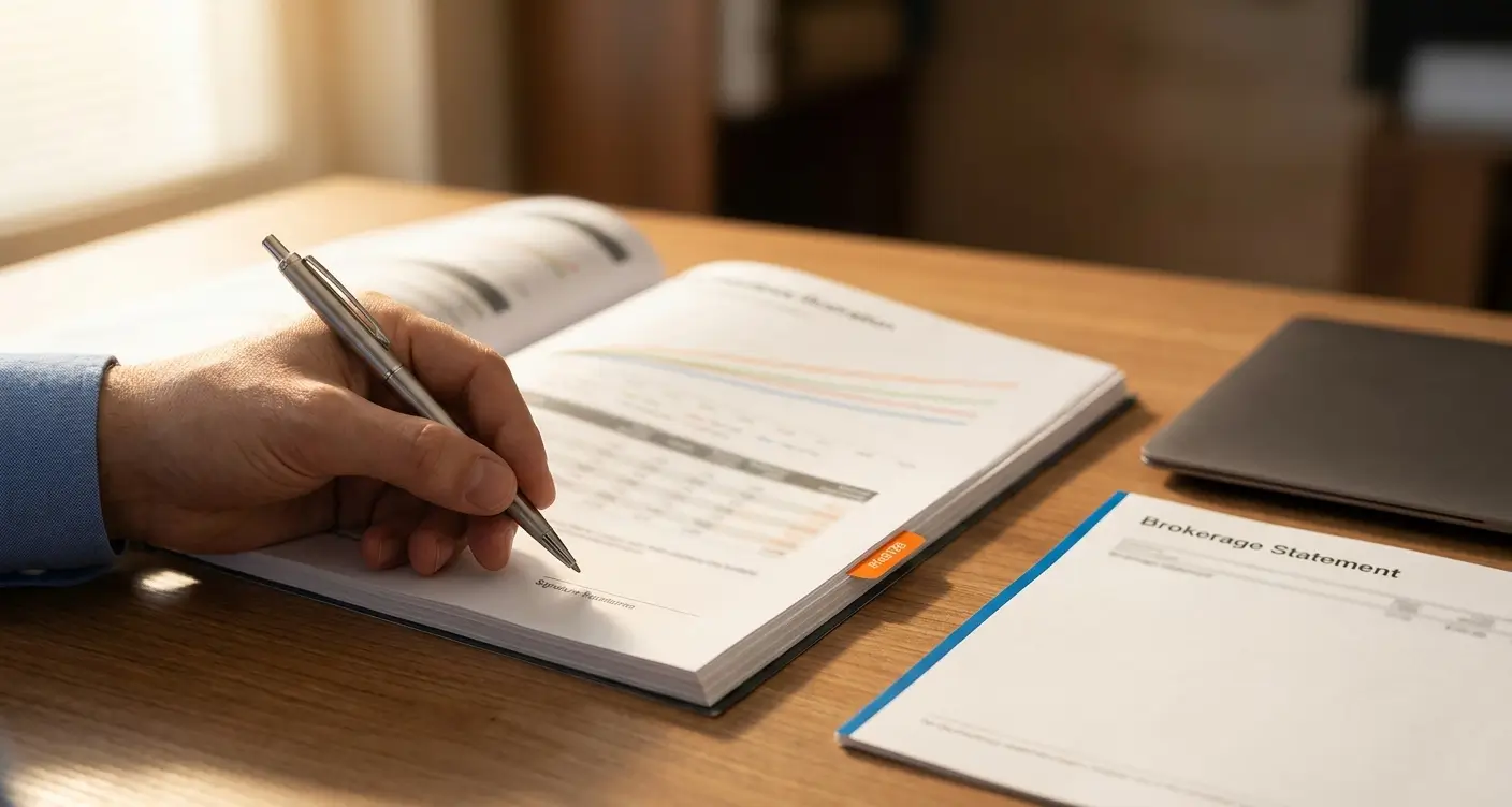 Hands writing with a silver pen in an open financial report on a wooden desk, with a brokerage statement nearby.