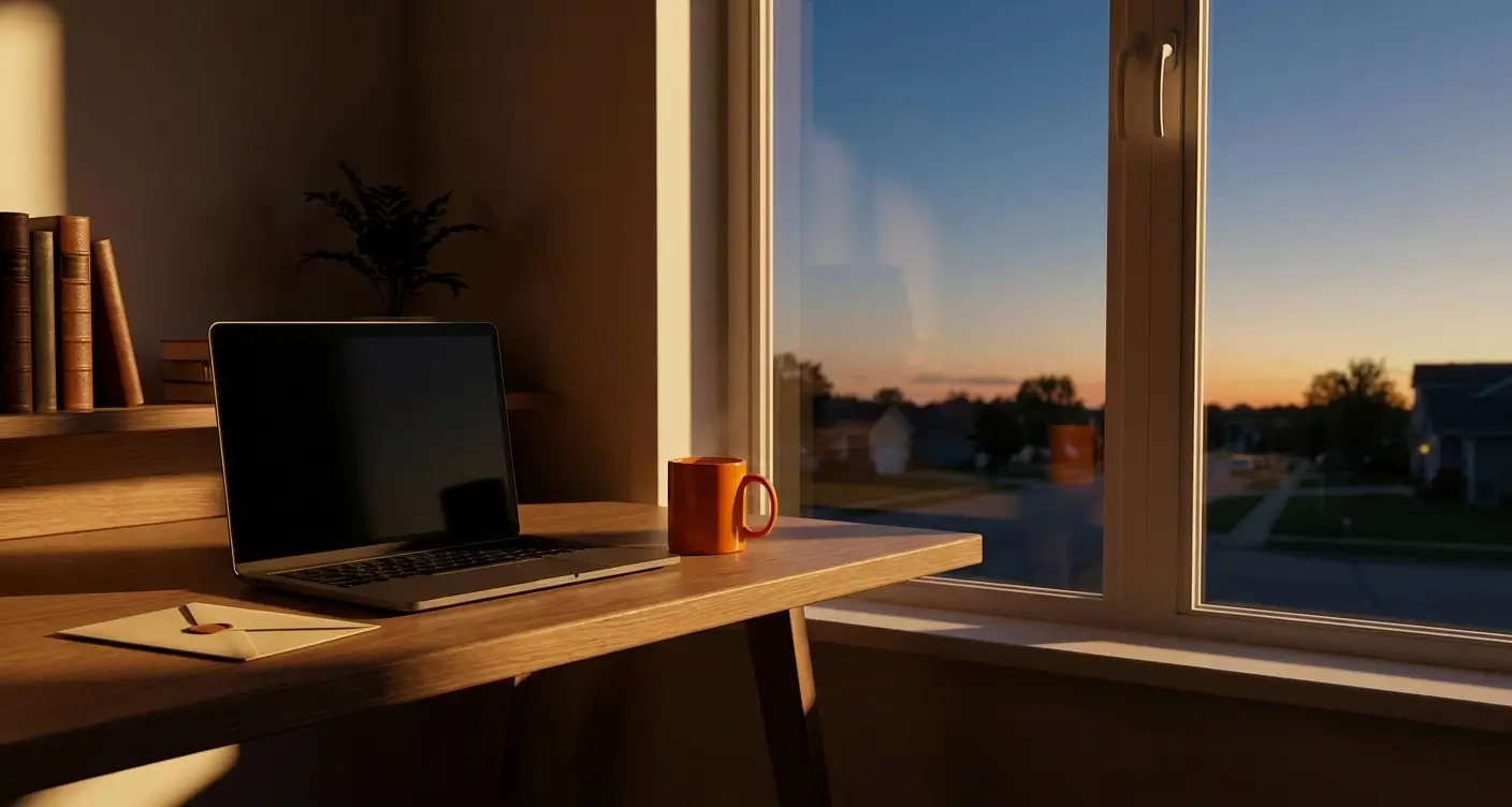 Sunlit home office desk with a laptop, orange mug, and a note by a large window showing a sunset outside.