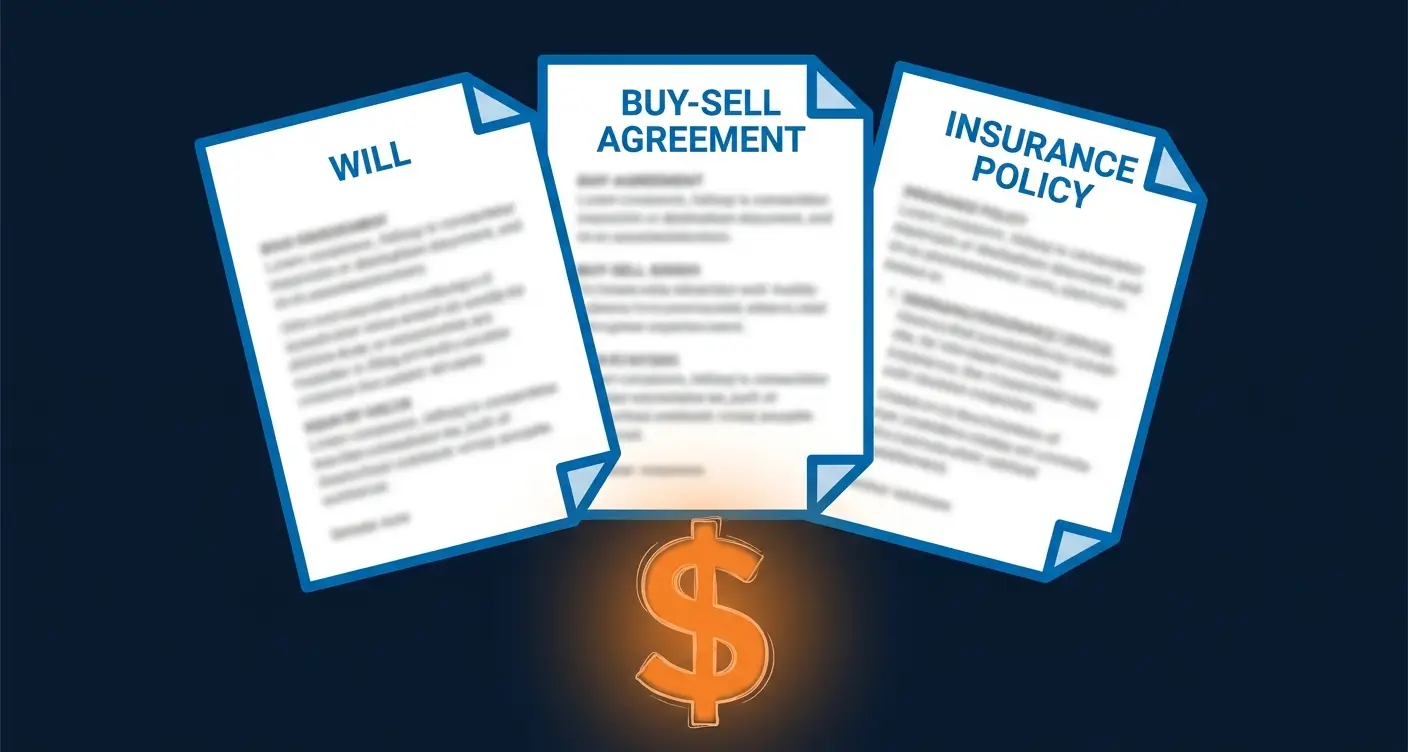 Three documents labeled Will, Buy-Sell Agreement, and Insurance Policy hover above a glowing dollar sign.