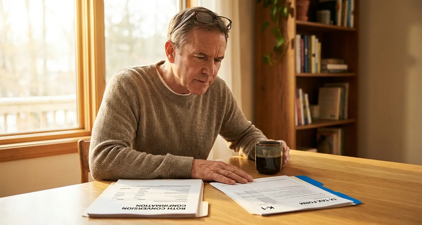 Older man in a beige sweater sits at a wooden table, reviewing documents with a cup of coffee beside him near a sunlit window and bookshelf.