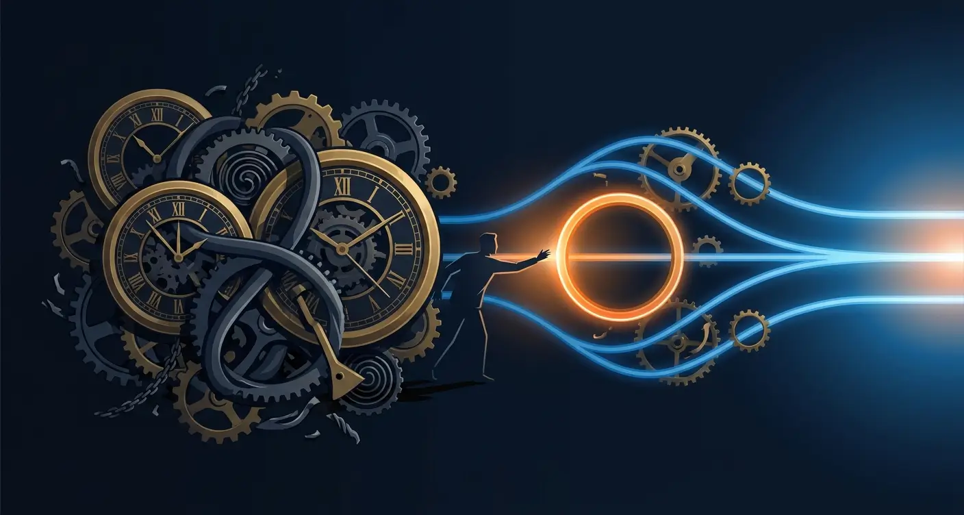 A person reaches toward a glowing orange ring portal as a cluster of clocks and gears swirl on the left, with blue energy waves extending to the right.