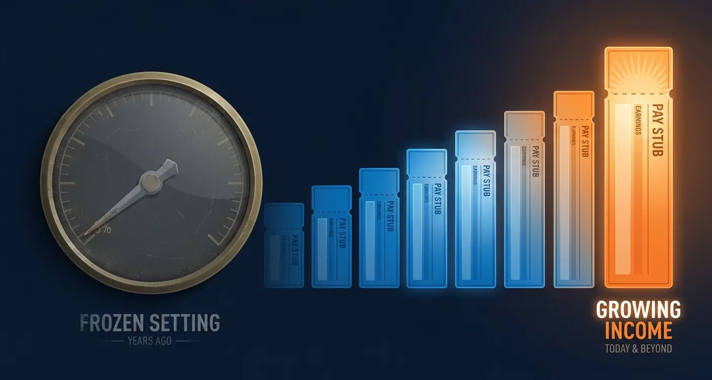 Gauge on the left shows a 'Frozen Setting' for income; a row of blue to orange vertical bars labeled 'Pay Stub' rises toward a final bright orange bar reading 'Growing Income Today & Beyond'.