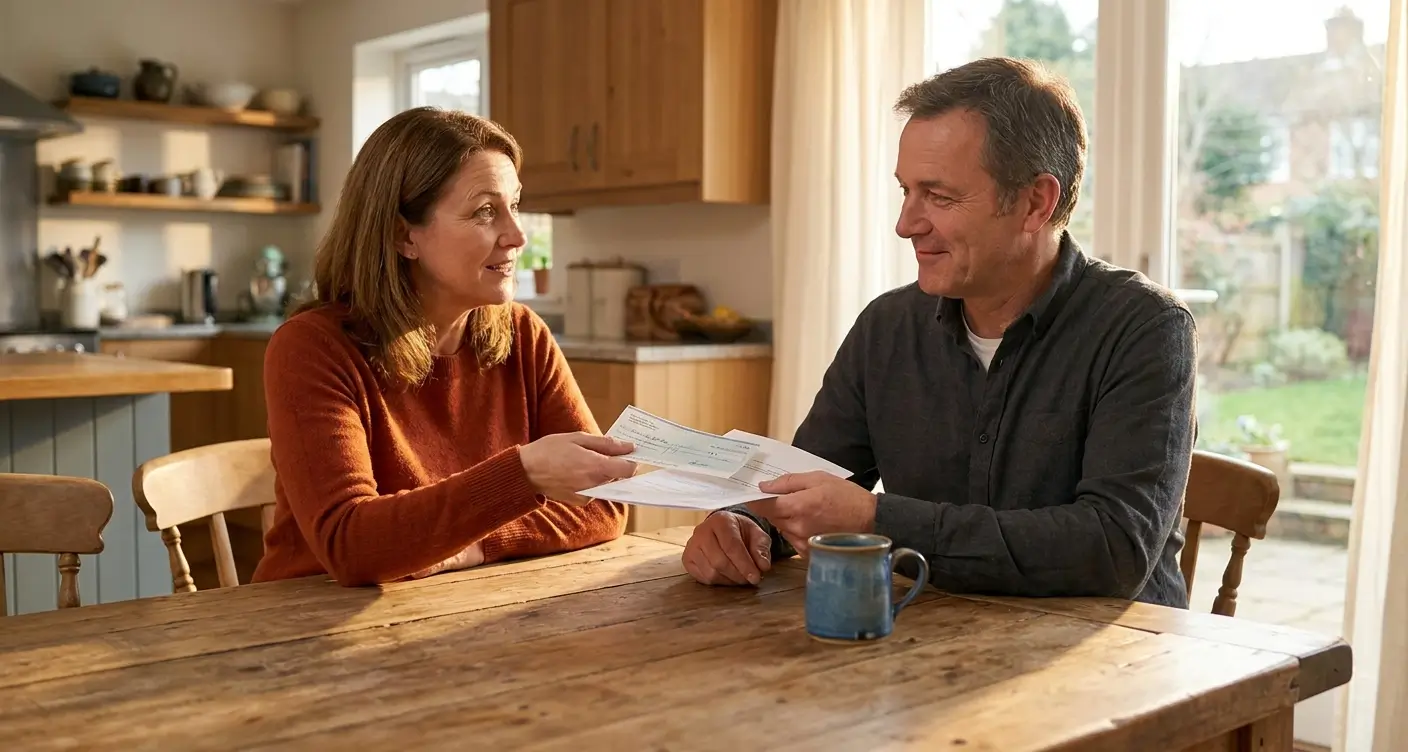 Couple sits at a wooden kitchen table, handing over and reviewing papers with smiles.