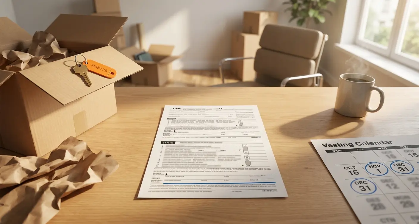 Desk with moving boxes, packing paper, a filled forms sheet, a calendar, and a mug by a sunlit window indicating administrative moving tasks.