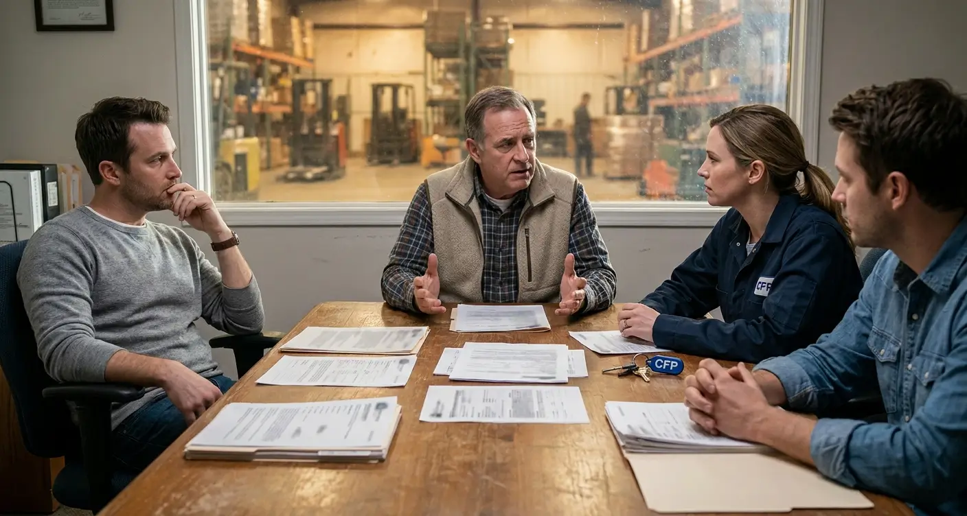 Four people sit around a wooden table in a warehouse office, reviewing documents and talking.