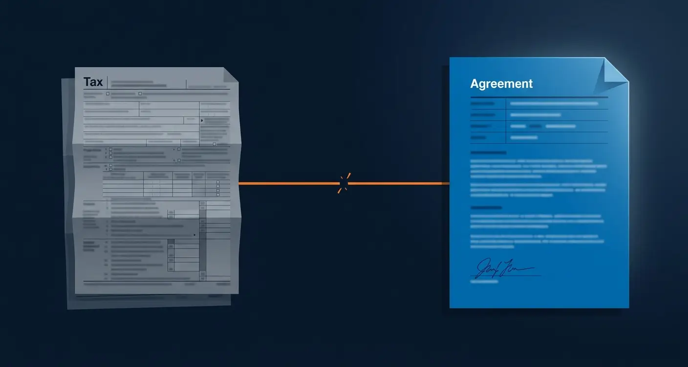 Tax documents on the left connected by an orange line to a blue agreement on the right, illustrating transfer or linkage of information.