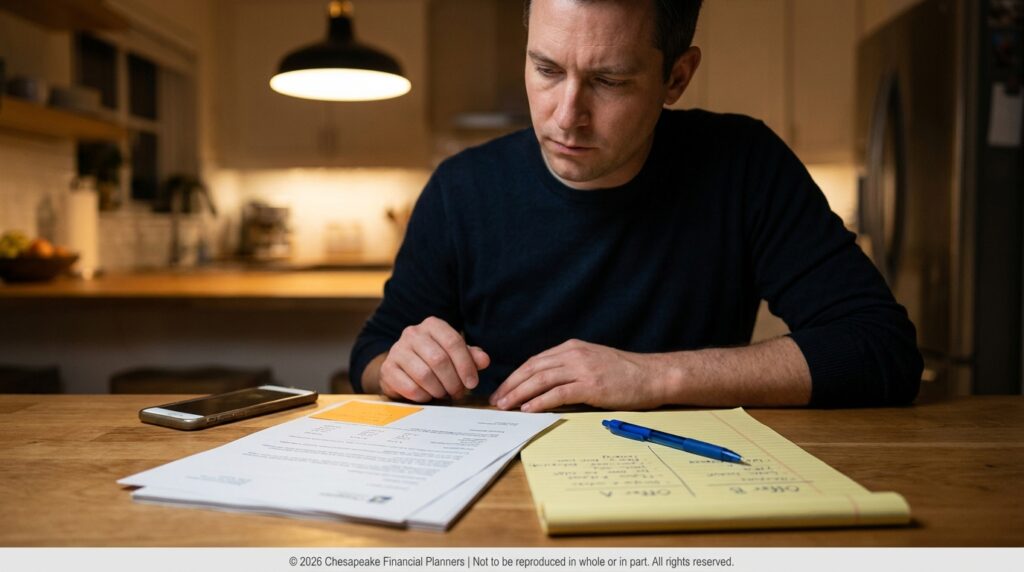 Man seated at a wooden table reviewing documents with a blue pen and a yellow notebook; smartphone lies nearby in a dimly lit kitchen.”,”A man concentrates on paperwork at a kitchen table, with a blue pen and notebook in view and a smartphone beside the papers.”,”Focused man organizing documents at a kitchen counter, using a blue pen over a yellow notepad and separate sheets.”,”Close-up on a man working through papers at home, with a phone and notebook within reach on a bright table.”,”Individual studying financial documents at a home desk, preparing notes with a pen and sticky note nearby.