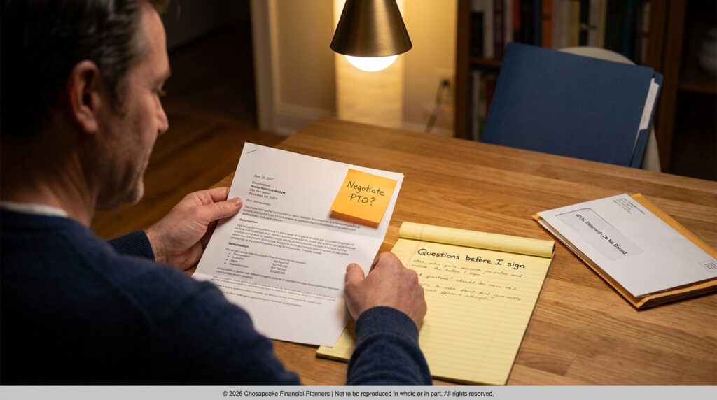 Man seated at a wooden desk, reading a contract with a sticky note that says 'Negotiate PTO?' and a yellow notebook labeled 'Questions before I sign' nearby under a hanging lamp.