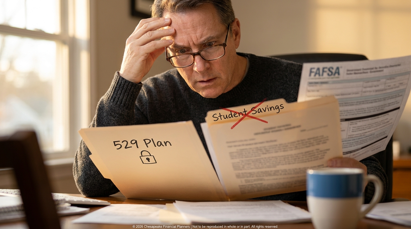 Man wearing glasses and a dark sweater studies financial documents at a desk, focusing on a '529 Plan' folder with a lock icon.