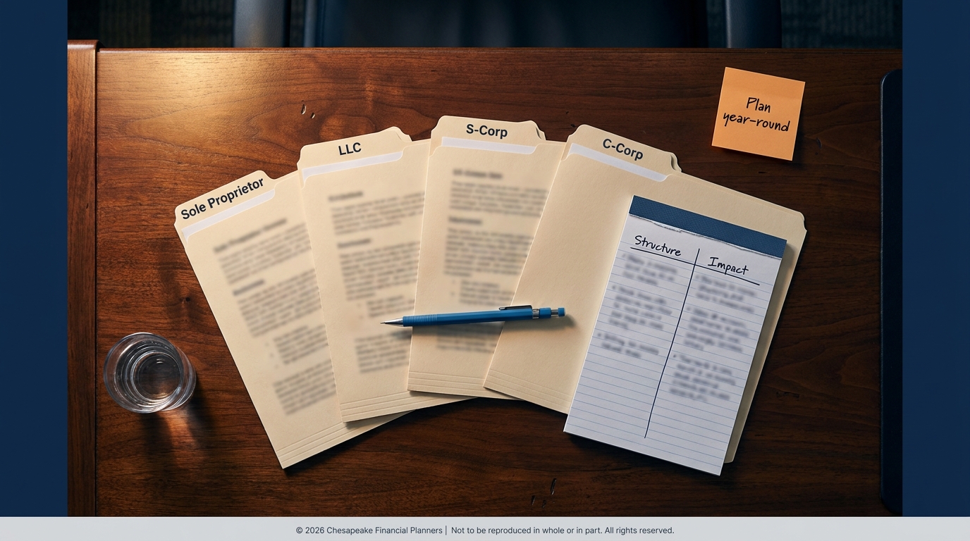 Top-view desk with folders labeled Sole Proprietor, LLC, S-Corp, and C-Corp, plus a notebook showing 'Structure' and 'Impact' columns, a blue pen, and a glass of water.