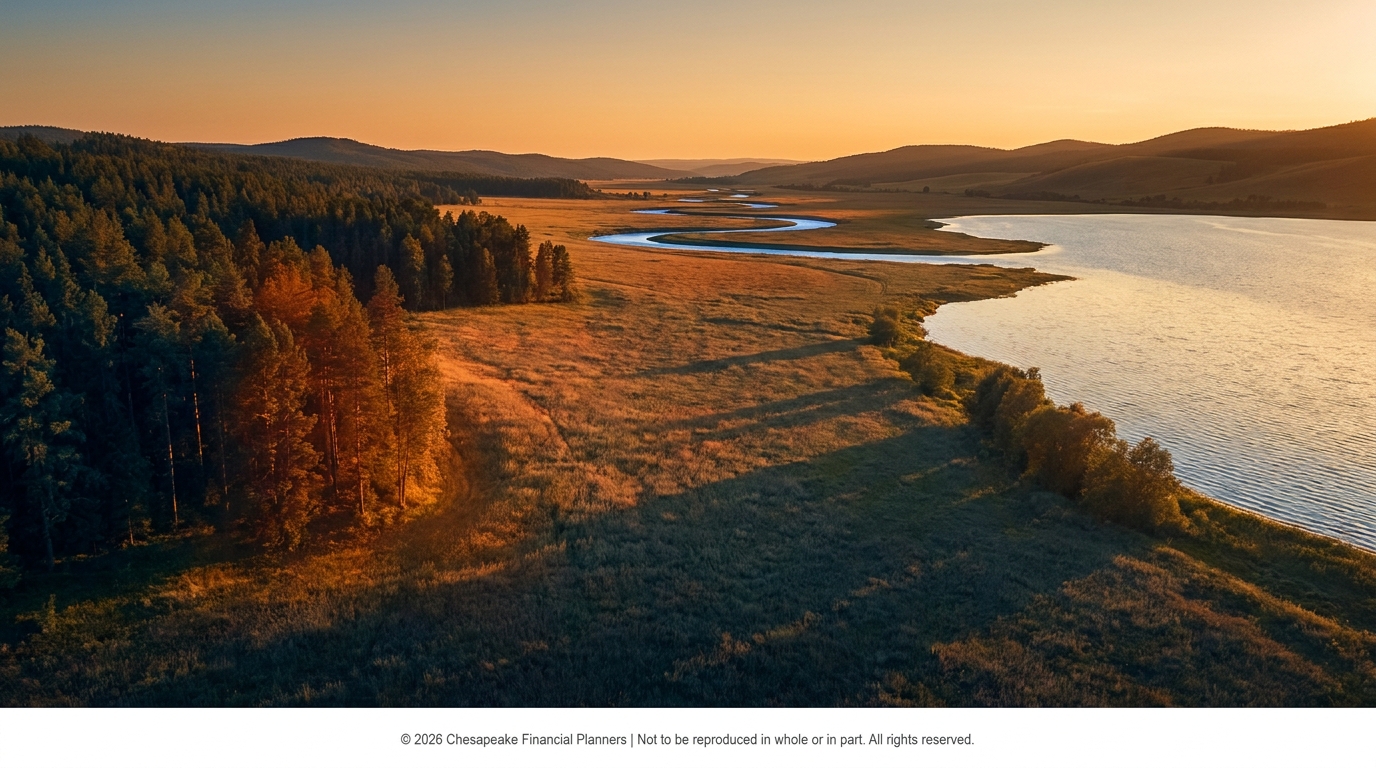 Golden sunset over a winding river cutting through a grassy plain, with a forest to the left and rolling hills in the distance.