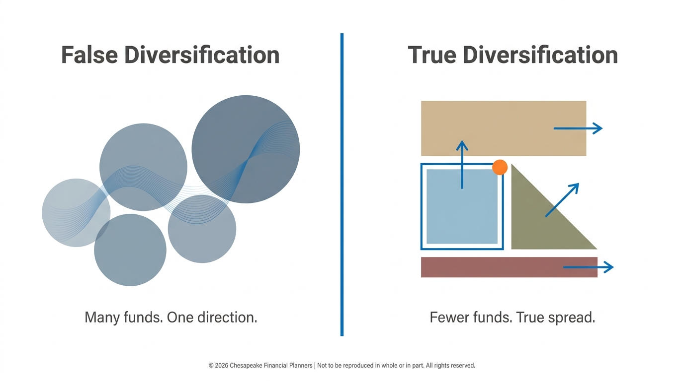 Left panel labeled 'False Diversification' with overlapping blue circles of varying sizes; caption 'Many funds. One direction.' Right panel labeled 'True Diversification' showing geometric shapes (rectangle, square with outline, triangle, bar) and blue arrows indicating spread; caption 'Fewer funds. True spread.'