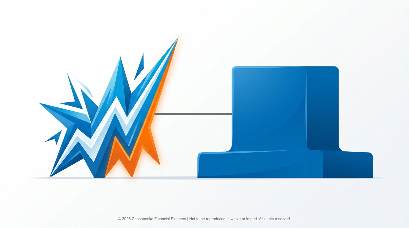 Abstract financial illustration: a jagged blue and orange line graph collides with a large blue 3D bar chart, symbolizing market volatility or data comparison for finance.