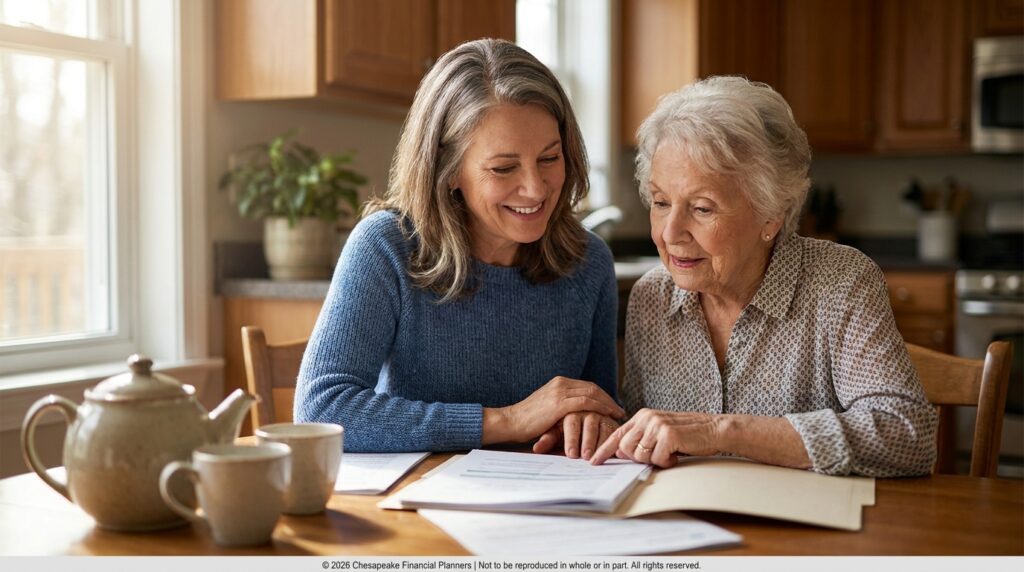 Two women sit at a kitchen table reviewing papers together, smiling as they point at a document.