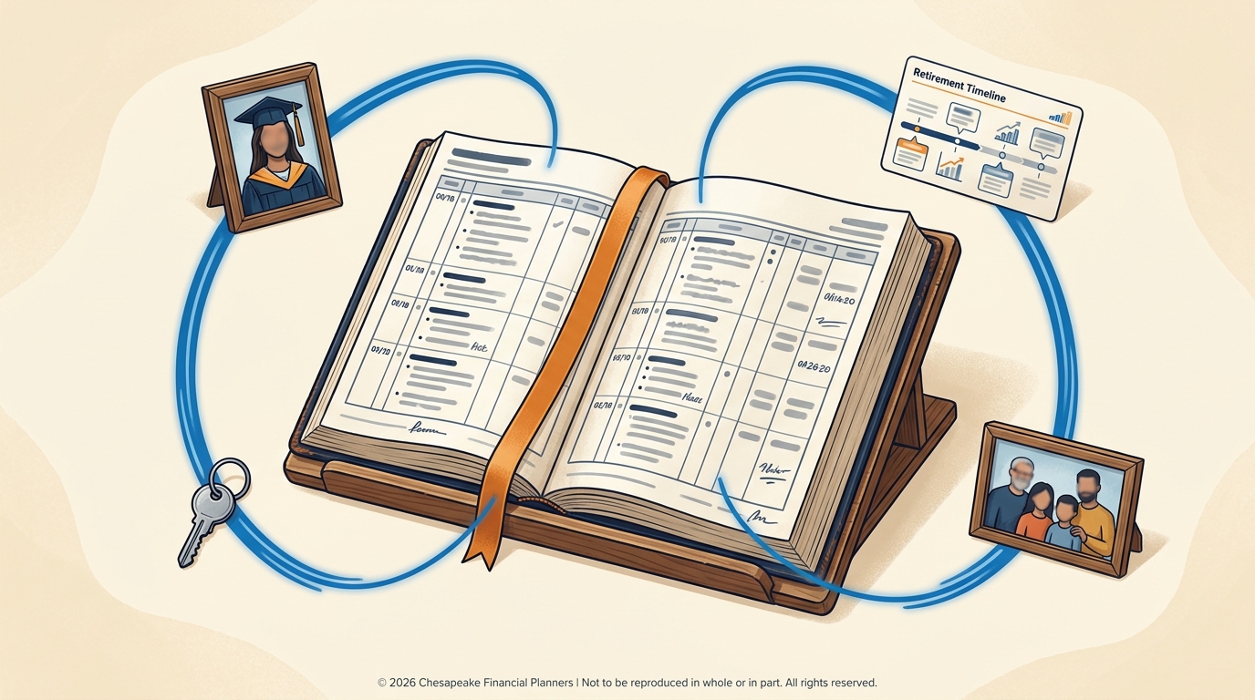 Open planner with calendar pages and an orange ribbon, encircled by blue rings, with a graduation photo, a family portrait, a key, and a retirement timeline card.