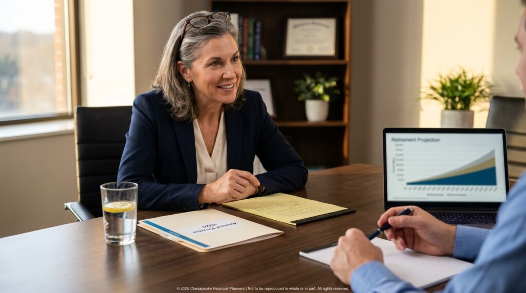 Smiling woman in a navy blazer talks with a colleague across a desk; a laptop shows a retirement projection chart and notes are on the table.