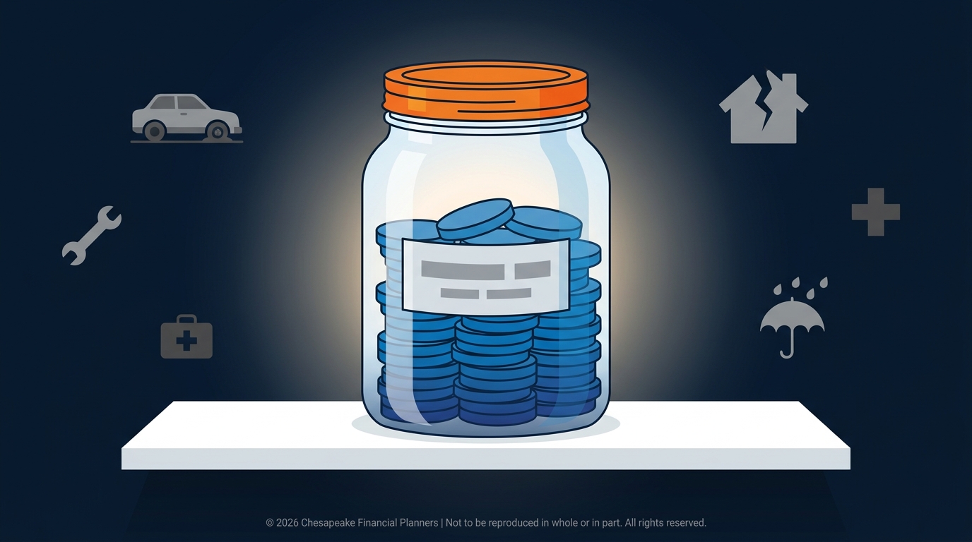 Savings jar on a shelf filled with blue coins, surrounded by icons for car, home, health, and rain protection, symbolizing financial planning.