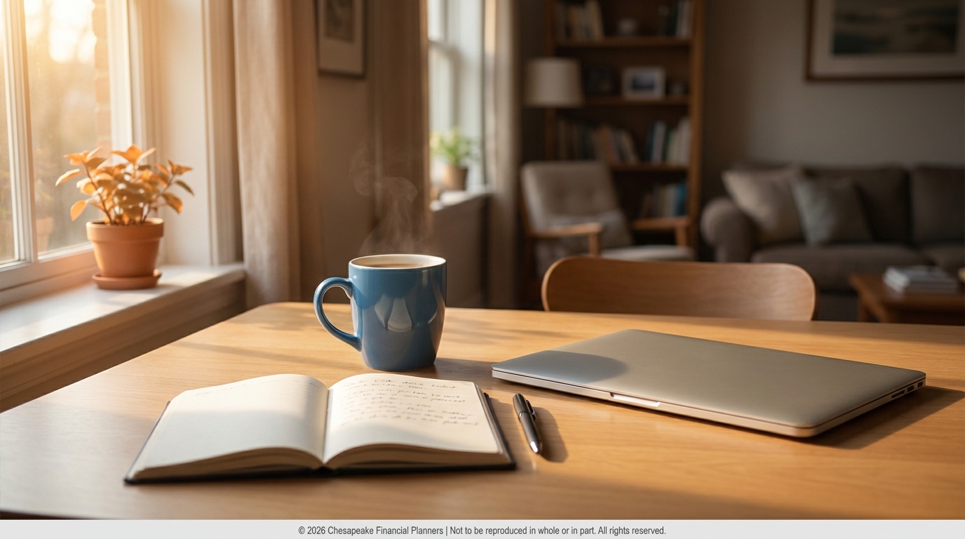 Open notebook with a pen, a steaming blue mug, and a closed laptop on a warm wooden table by a sunlit window.