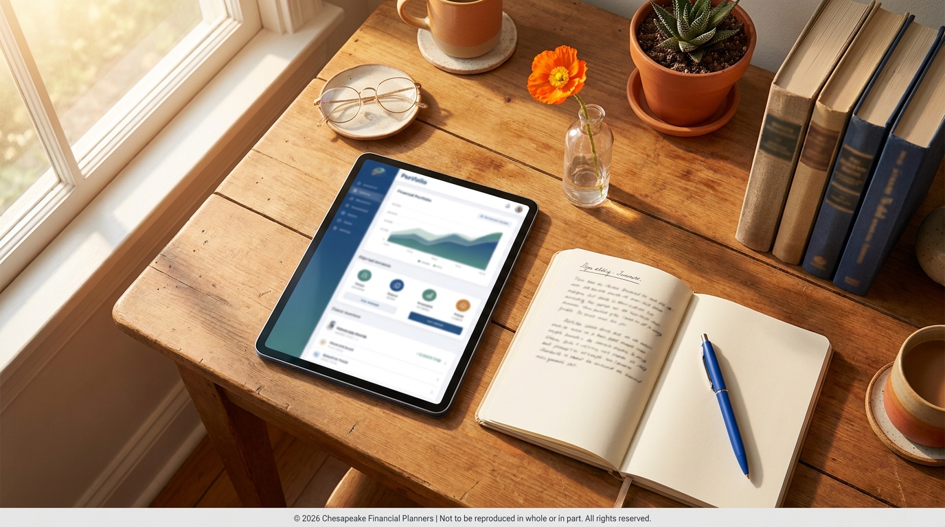 Tablet displaying a financial dashboard on a wooden desk beside a notebook and pen by a sunlit window.