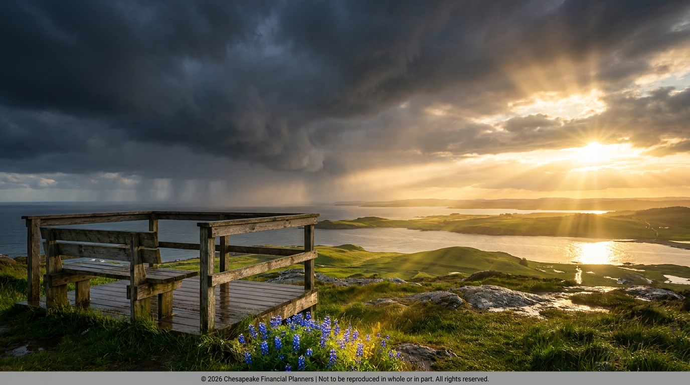 Wooden viewing platform on a grassy hill overlooking the sea, with stormy clouds to the left and sunbeams breaking through on the right.