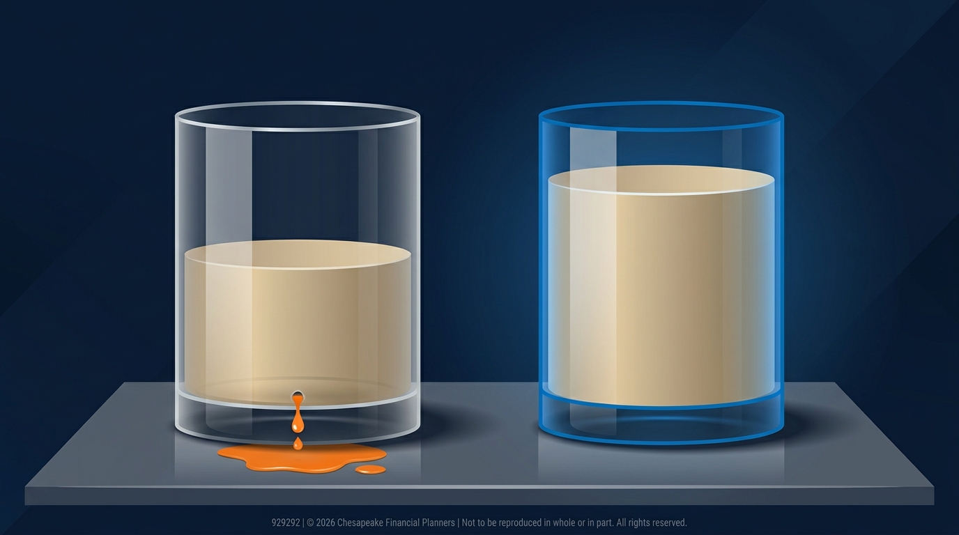 Two glass cylinders on a dark surface; the left one leaks orange liquid while the right one is filled, illustrating a comparison of states or spill risk.