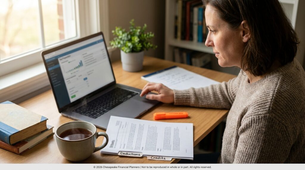 featured-image | Chesapeake Financial Planners Woman seated at a wooden desk, reviewing tax documents and looking at a laptop screen with graphs and charts shown nearby.