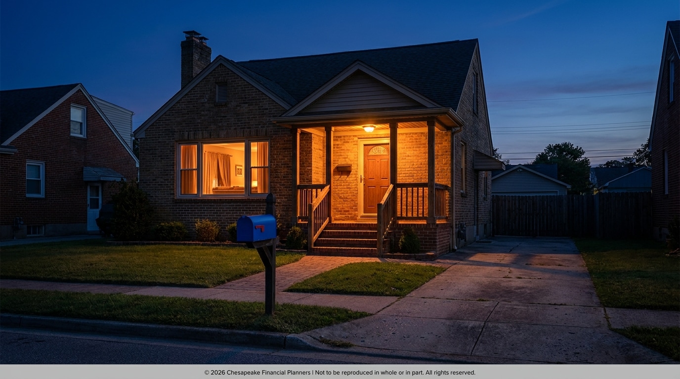 Suburban brick house at dusk with warm porch light, front steps, and a blue mailbox on the lawn