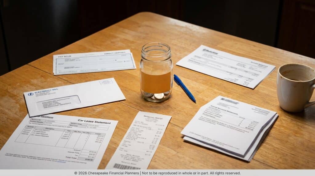Wooden table covered with bills, receipts, and statements, plus a glass jar with coins and orange liquid, a blue pen, and a coffee mug nearby.