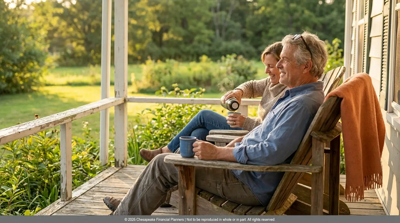 Older couple relaxing on a weathered wooden porch, sharing a drink as the man pours from a thermos into a mug, with greenery in the background.
