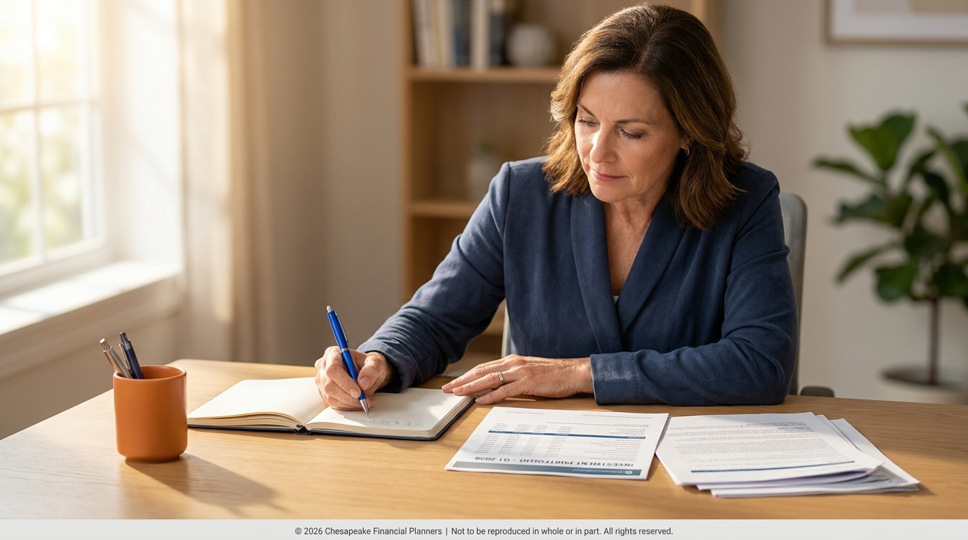 Professional woman in a blue blazer writes in a notebook at a wooden desk, with documents spread beside her in a bright home office.