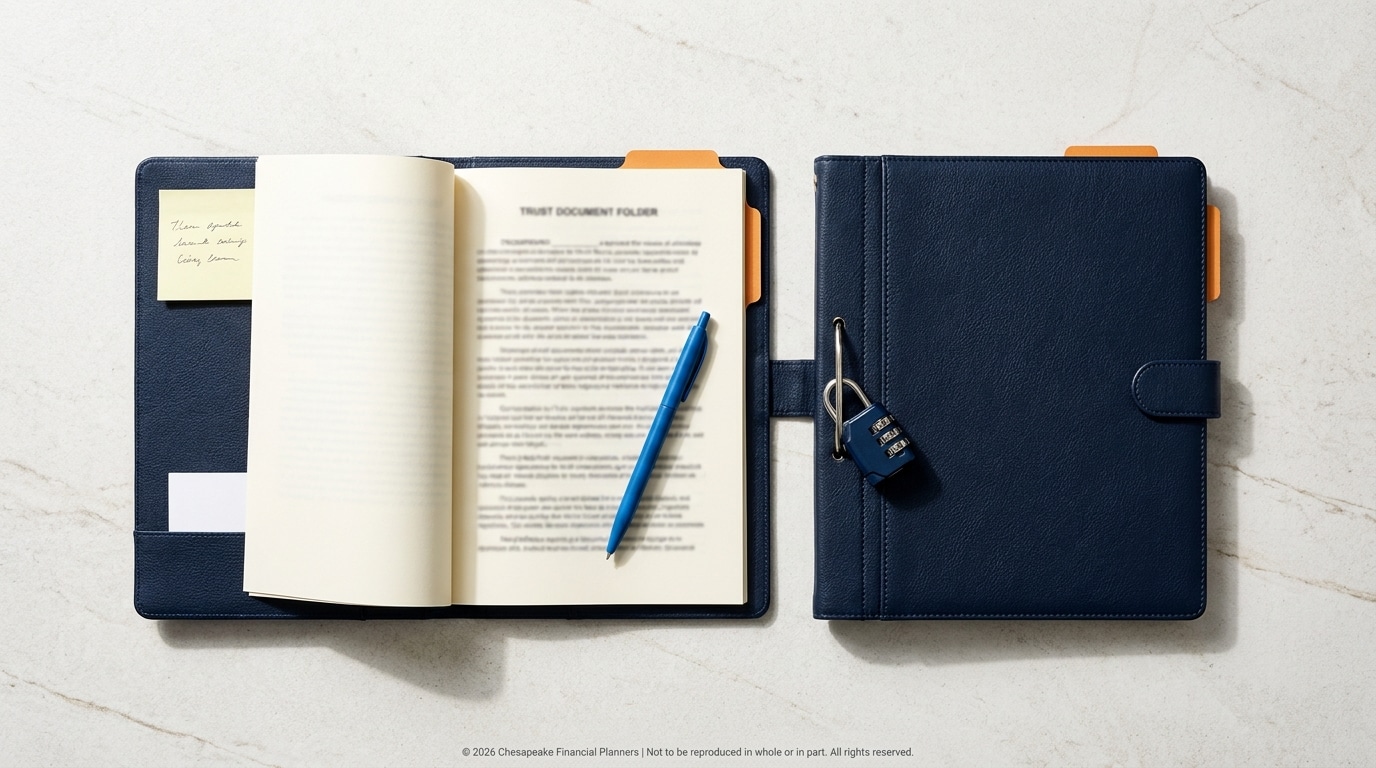 Two navy leather planners on a light surface: one open with a blue pen and orange tabs, the other closed with a small lock attached.