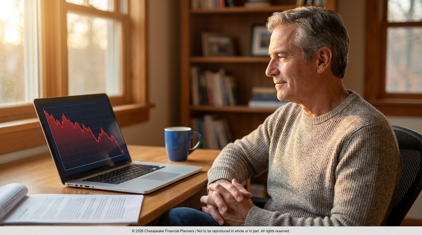 Man sits at a wooden desk reading a laptop displaying a red downward stock chart with a mug nearby in a cozy home office.