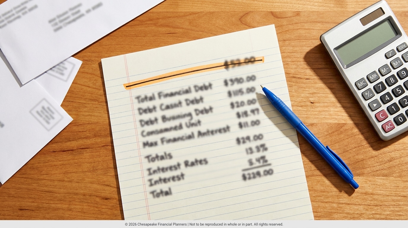 A lined note sheet showing a bill with totals, a blue ballpoint pen, a calculator, and white envelopes on a wooden desk.