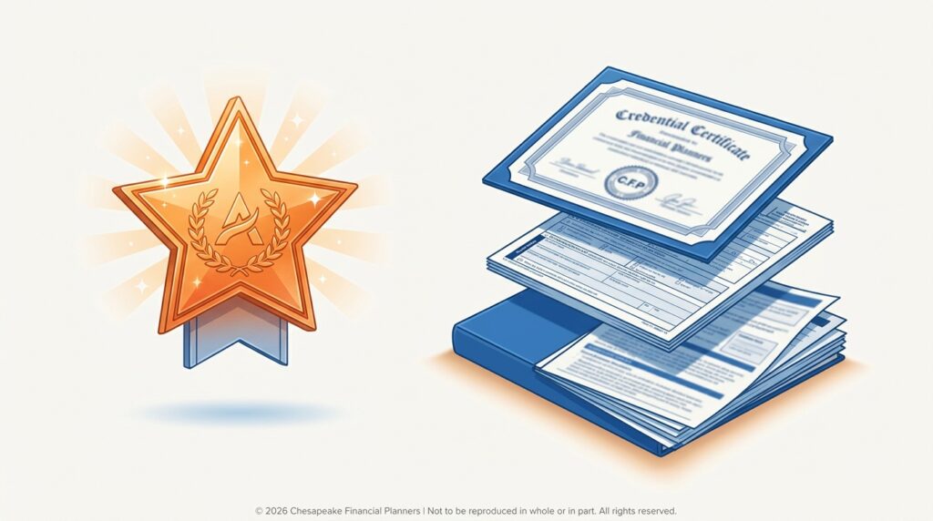featured-image | Chesapeake Financial Planners Gold star award with ribbon on the left and a stack of blue-tinged credential documents on the right, conveying achievement and credentials.