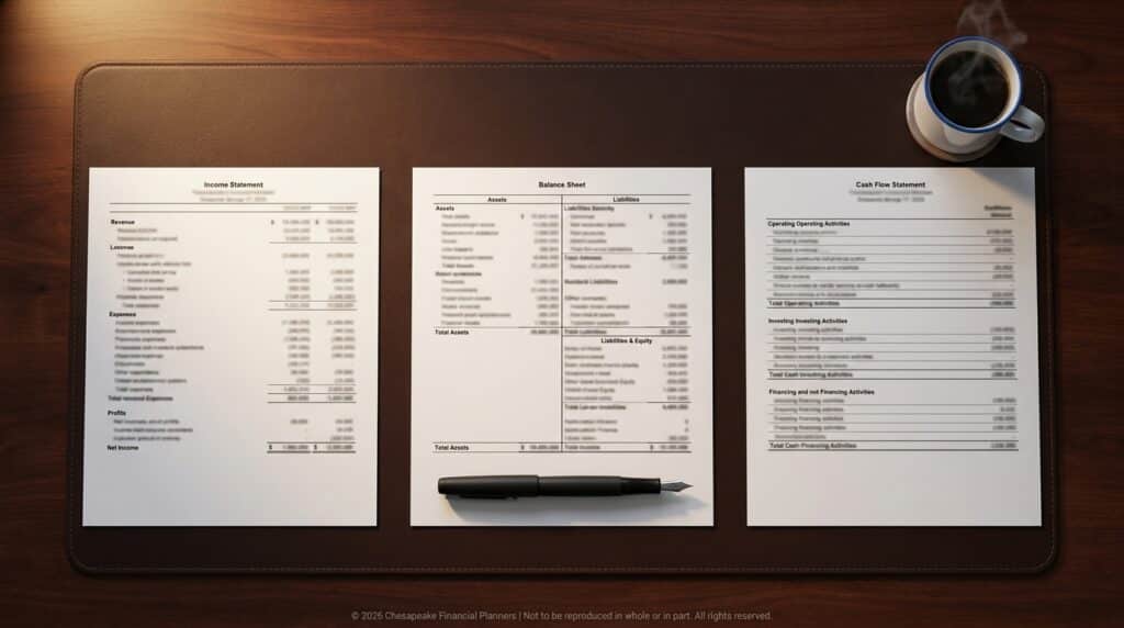 featured-image | Chesapeake Financial Planners Three financial documents labeled Income Statement, Balance Sheet, and Cash Flow Statement on a wooden desk with a pen and a steaming coffee mug nearby.