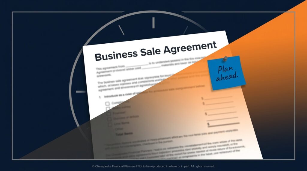 Business sale agreement document tilted across a dark gradient background with a blue 'Plan ahead' sticky note reading plan ahead.