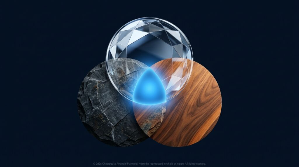 Abstract composition of overlapping circles with stone, wood, and crystal textures around a glowing blue core at the center.