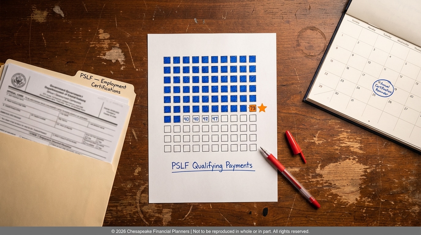Sheet titled 'PSLF Qualifying Payments' showing a grid of blue squares and empty boxes on a desk, with a red pen nearby.