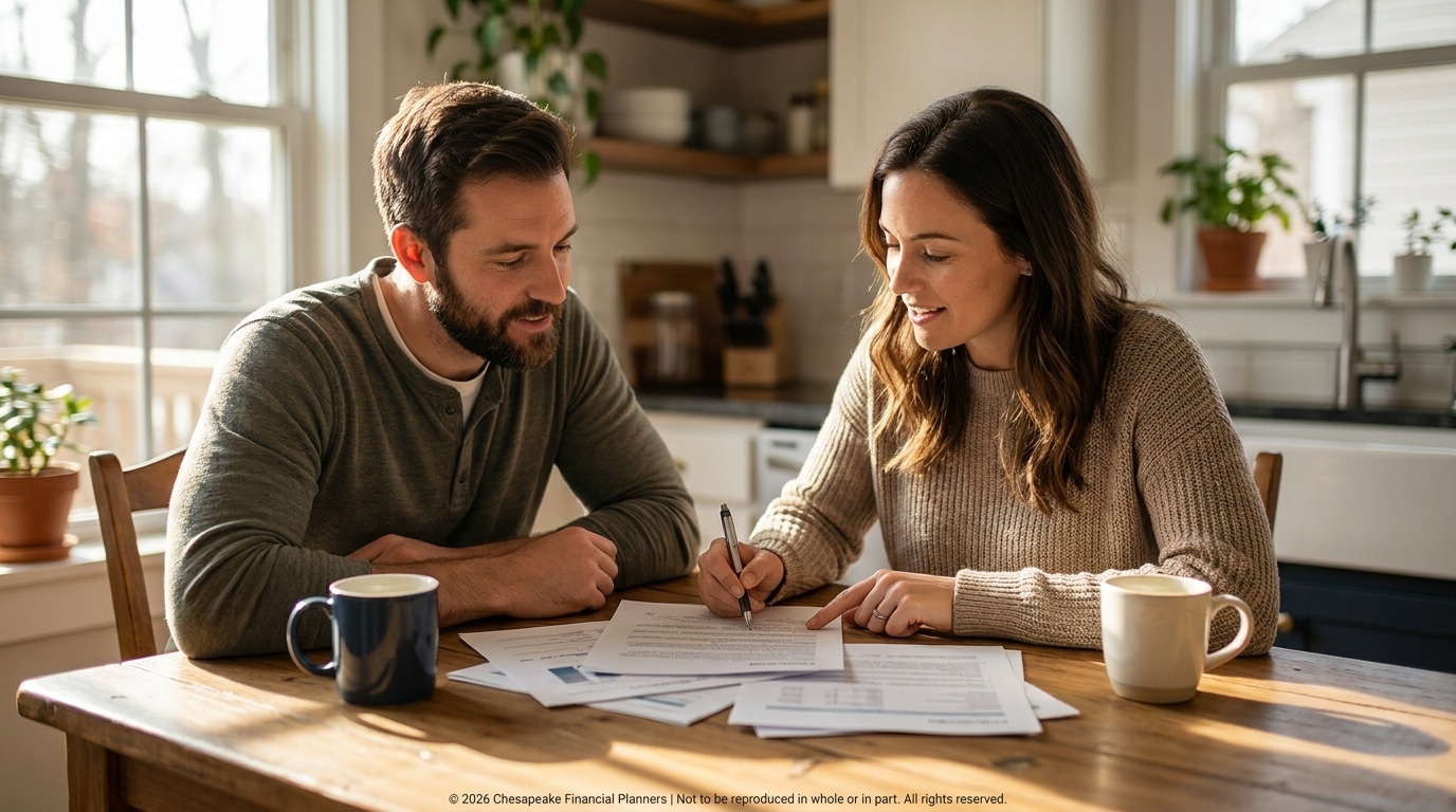 Couple sits at a wooden kitchen table reviewing and signing documents together with coffee mugs nearby.