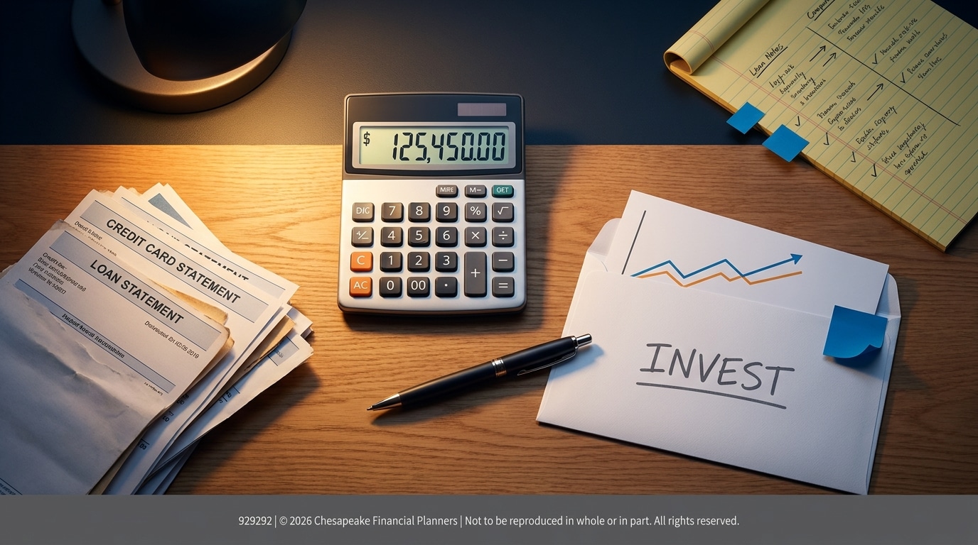Desk scene with loan statements, a calculator showing $125,450.00, a pen, and an envelope labeled INVEST with a small graph.